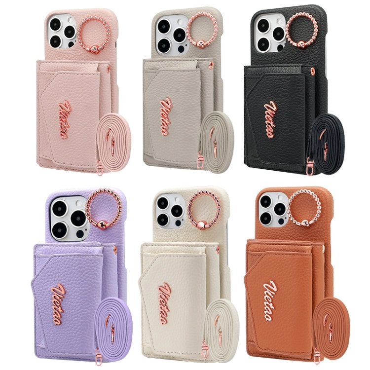 For iPhone 13 Pro VIETAO Ring Holder Wallet PU Phone Case with Lanyard(White)