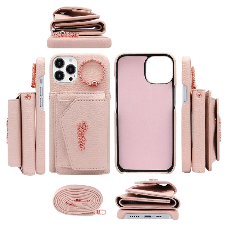 For iPhone 15 Plus VIETAO Ring Holder Wallet PU Phone Case with Lanyard(Purple)