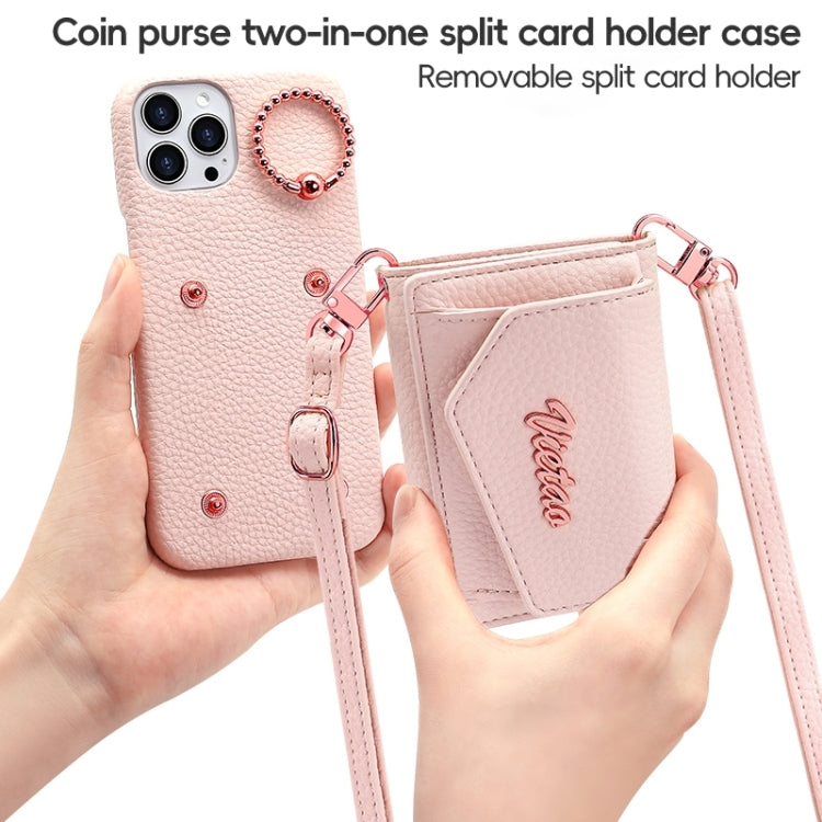 For iPhone 14 Pro Max VIETAO Ring Holder Wallet PU Phone Case with Lanyard(Brown)