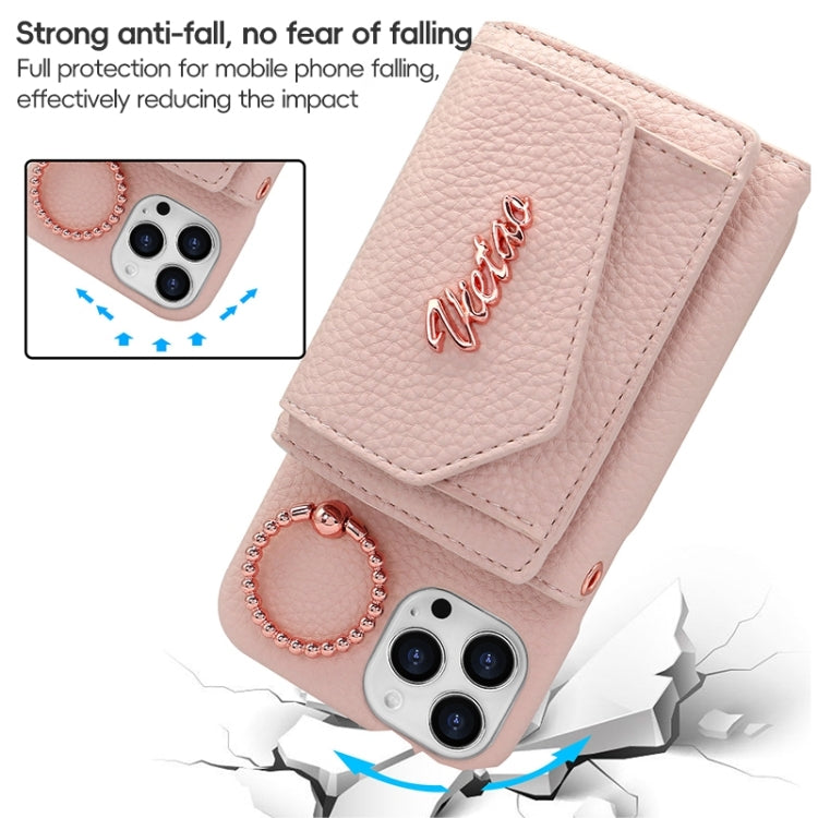 For iPhone 15 Pro VIETAO Ring Holder Wallet PU Phone Case with Lanyard(White)