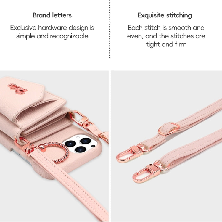 For iPhone 15 Pro VIETAO Ring Holder Wallet PU Phone Case with Lanyard(Pink)