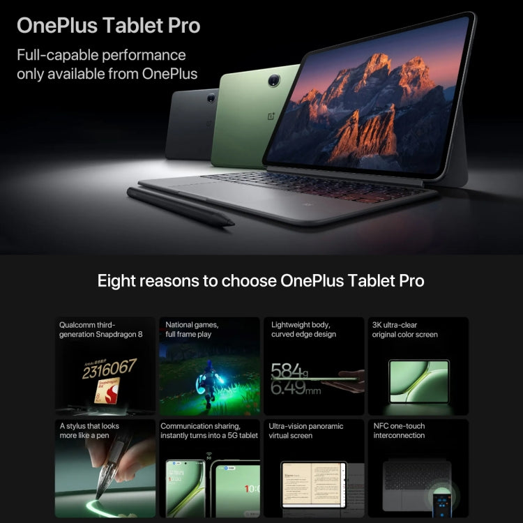 OnePlus Pad Pro 12.1 inch Tablet PC, 12GB+256GB, ColorOS 14.1 Qualcomm Snapdragon 8 Gen3 Octa Core(Green)