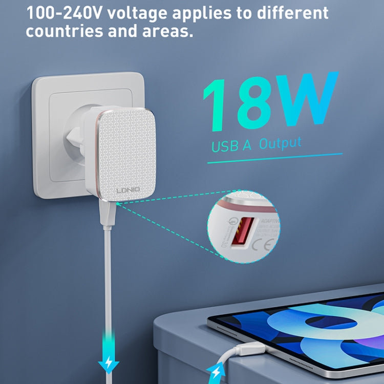 LDNIO A1204Q QC3.0 18W USB Fast Charger with 1m USB to 8 Pin Cable, Plug Type:EU Plug(White Gold)