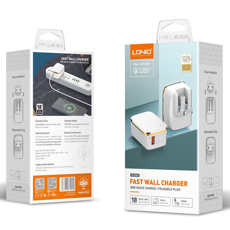 LDNIO A1204Q QC3.0 18W USB Fast Charger with 1m USB to Micro USB Cable, Plug Type:AU Plug(White Gold)