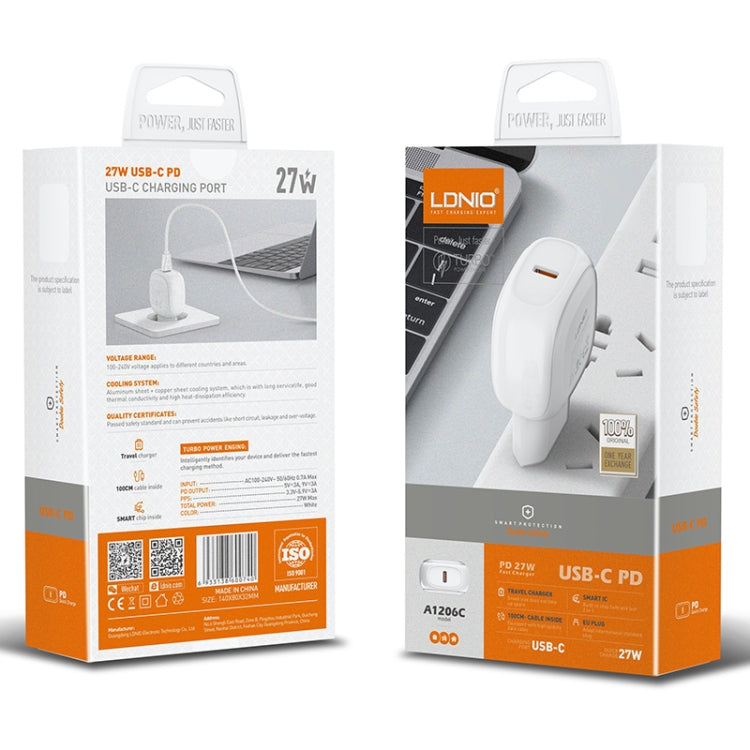 LDNIO A1206C PD27W USB-C / Type-C Fast Charger with 1m 8 Pin Cable, Plug Type:EU Plug(White)