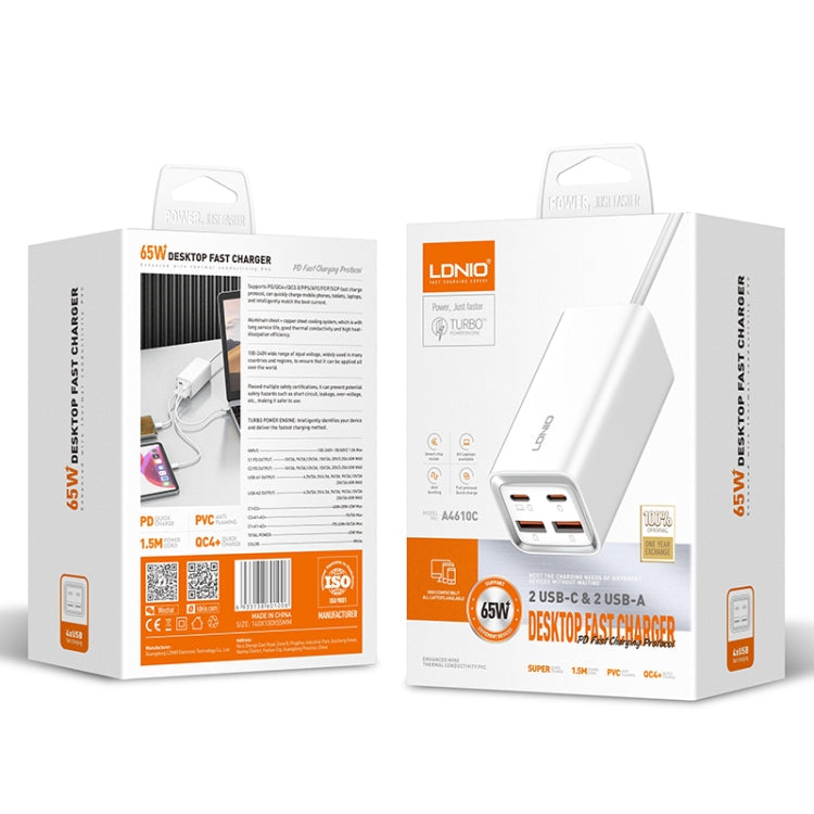 LDNIO A4610C PD65W Dual USB-C / Type-C + Dual USB Fast Charger, Cable Length: 1.5m, Plug Type:UK Plug(White)