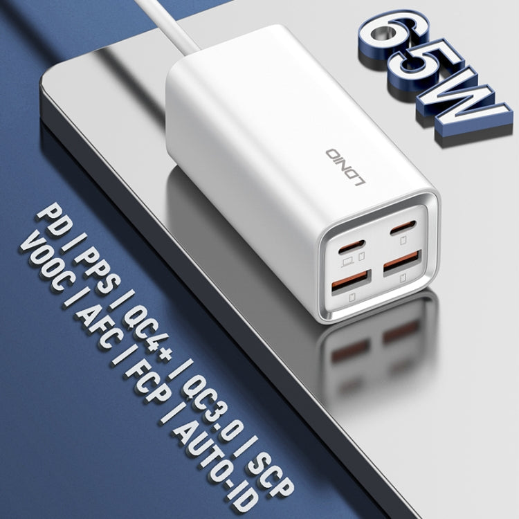 LDNIO A4610C PD65W Dual USB-C / Type-C + Dual USB Fast Charger, Cable Length: 1.5m, Plug Type:UK Plug(White)