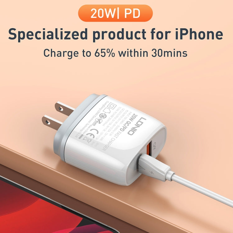 LDNIO Q229 QC3.0 / PD20W USB + Type-C Fast Charger with 1m USB to 8 Pin Cable, Plug Type:EU Plug(White)