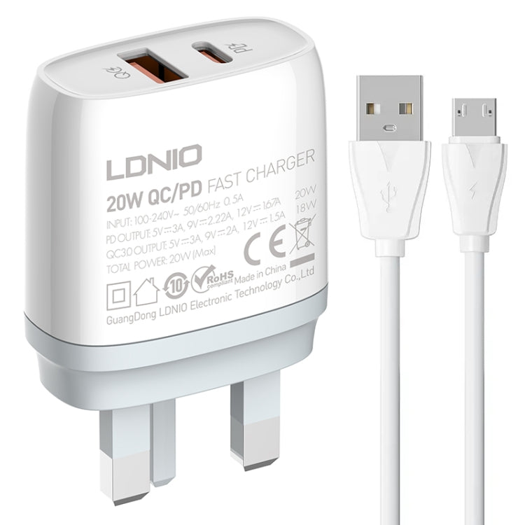 LDNIO Q229 QC3.0 / PD20W USB + Type-C Fast Charger with 1m USB to Micro USB Cable, Plug Type:UK Plug(White)