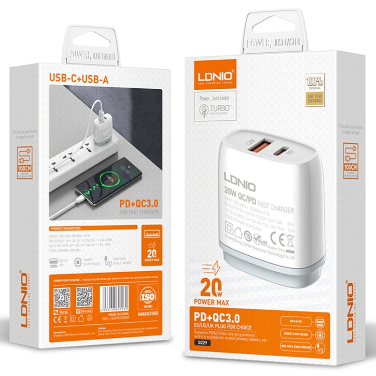LDNIO Q229 QC3.0 / PD20W USB + Type-C Fast Charger with 1m USB to Micro USB Cable, Plug Type:UK Plug(White)