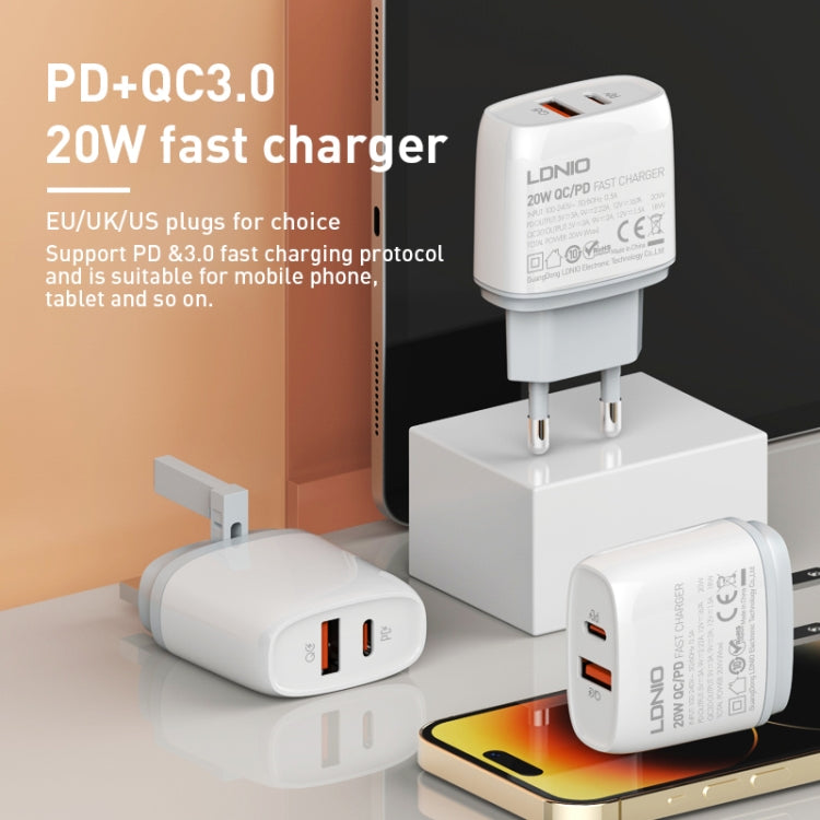 LDNIO Q229 QC3.0 / PD20W USB + Type-C Fast Charger with 1m USB to Type-C Cable, Plug Type:US Plug(White)