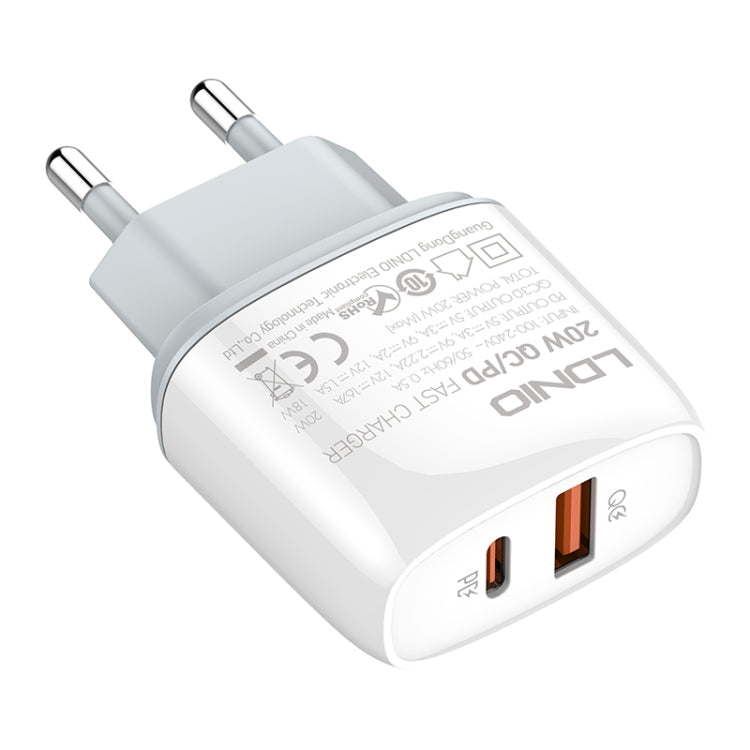 LDNIO Q229 QC3.0 / PD20W USB + Type-C Fast Charger with 1m Type-C to 8 Pin Cable, Plug Type:EU Plug(White)