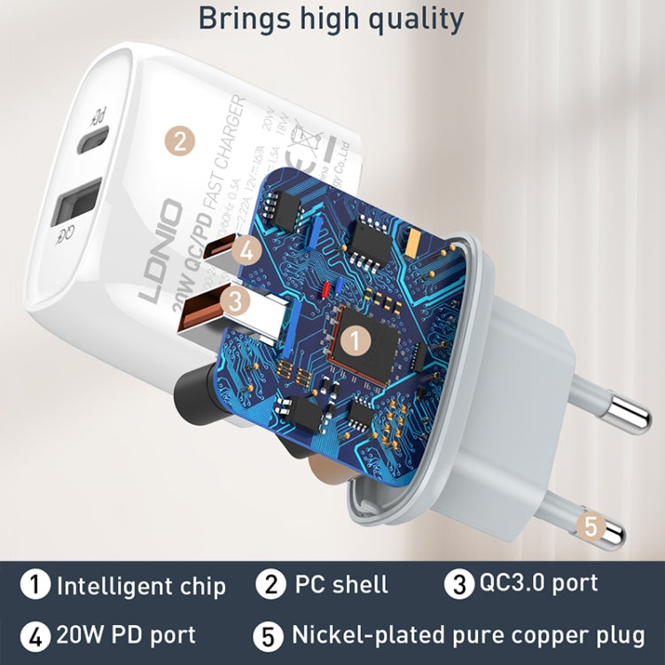 LDNIO Q229 QC3.0 / PD20W USB + Type-C Fast Charger with 1m Type-C to Type-C Cable, Plug Type:UK Plug(White)