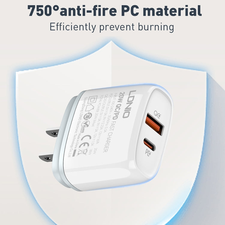 LDNIO Q229 QC3.0 / PD20W USB + Type-C Fast Charger with 1m Type-C to Type-C Cable, Plug Type:EU Plug(White)
