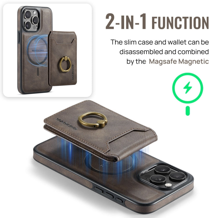 For iPhone 15 Pro MAGKING K1 MagSafe Detachable Wallet RFID Back Cover Phone Case(Coffee)