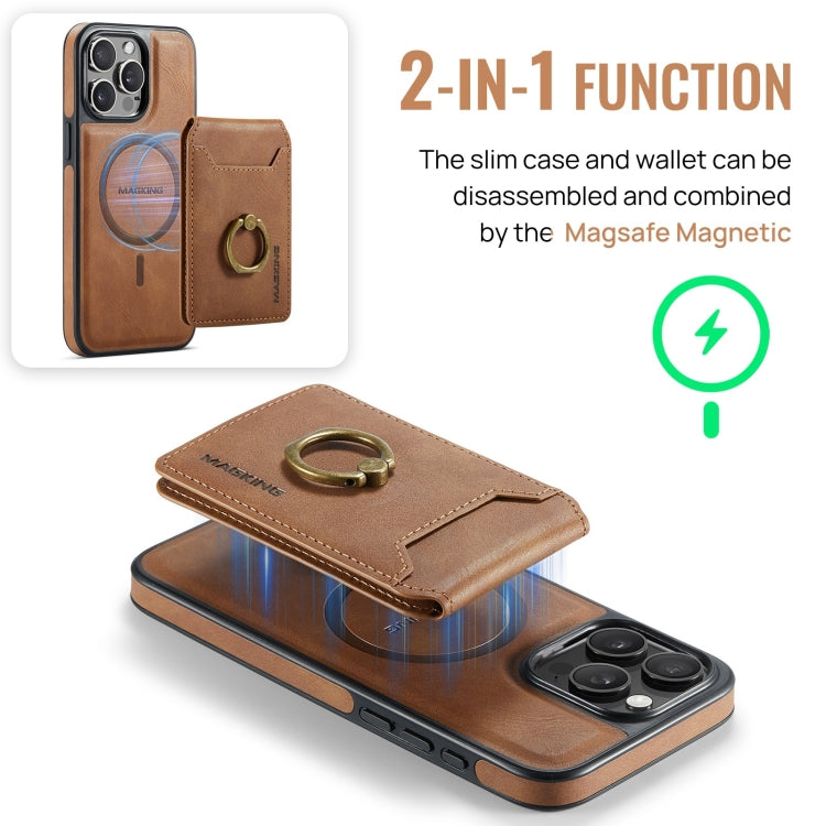 For iPhone 15 Plus MAGKING K1 MagSafe Detachable Wallet RFID Back Cover Phone Case(Brown)