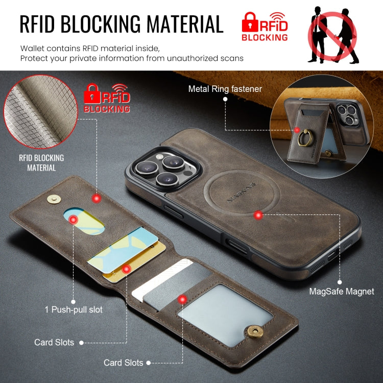 For iPhone 16 Pro Max MAGKING K1 MagSafe Detachable Wallet RFID Back Cover Phone Case(Coffee)