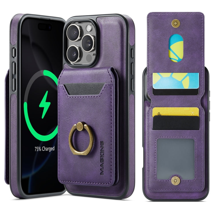 For iPhone 16 Pro MAGKING K1 MagSafe Detachable Wallet RFID Back Cover Phone Case(Purple)