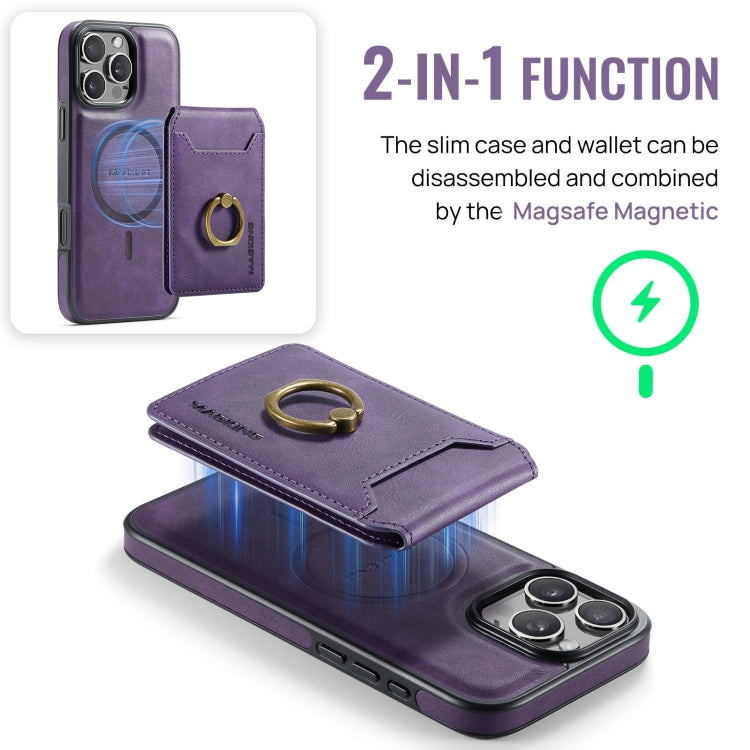 For iPhone 16 Pro MAGKING K1 MagSafe Detachable Wallet RFID Back Cover Phone Case(Purple)