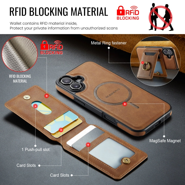 For iPhone 16 Plus MAGKING K1 MagSafe Detachable Wallet RFID Back Cover Phone Case(Brown)