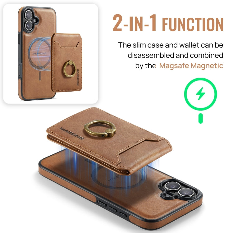 For iPhone 16 Plus MAGKING K1 MagSafe Detachable Wallet RFID Back Cover Phone Case(Brown)