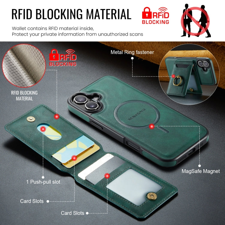 For iPhone 16 Plus MAGKING K1 MagSafe Detachable Wallet RFID Back Cover Phone Case(Green)