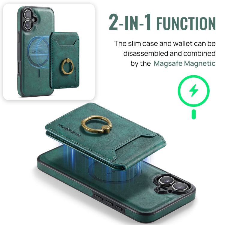 For iPhone 16 Plus MAGKING K1 MagSafe Detachable Wallet RFID Back Cover Phone Case(Green)