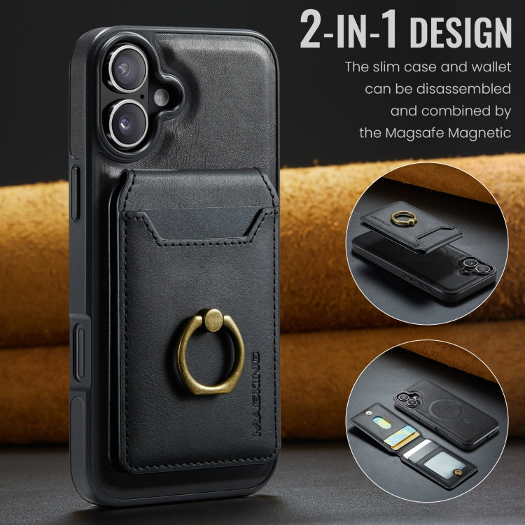 For iPhone 16 MAGKING K1 MagSafe Detachable Wallet RFID Back Cover Phone Case(Black)
