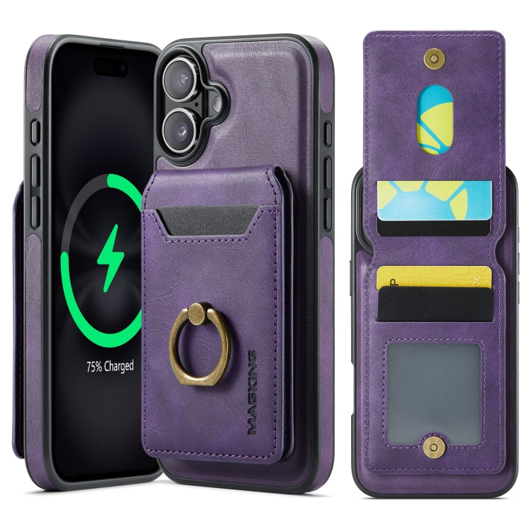 For iPhone 16 MAGKING K1 MagSafe Detachable Wallet RFID Back Cover Phone Case(Purple)