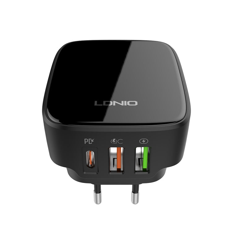 LDNIO Q334 32W Type-C + Dual USB Port Charger with 1m USB-C / Type-C to 8 Pin Data Cable, Plug Type:EU Plug(Black)