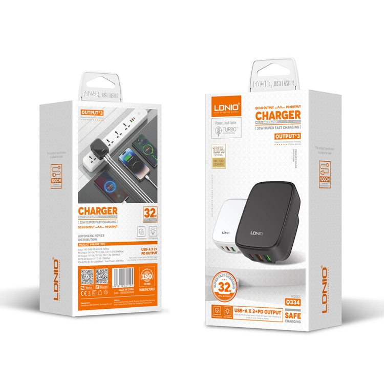 LDNIO Q334 32W Type-C + Dual USB Port Charger with 1m USB-C / Type-C to 8 Pin Data Cable, Plug Type:EU Plug(Black)