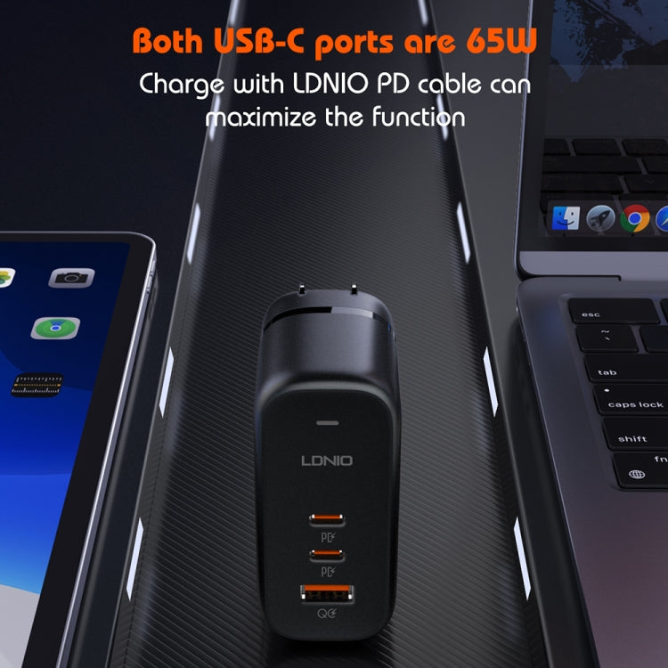 LDNIO Q366 65W USB + Dual Type-C Port Charger with 1m USB-C / Type-C to USB-C / Type-C Data Cable, Plug Type:UK Plug(Black)