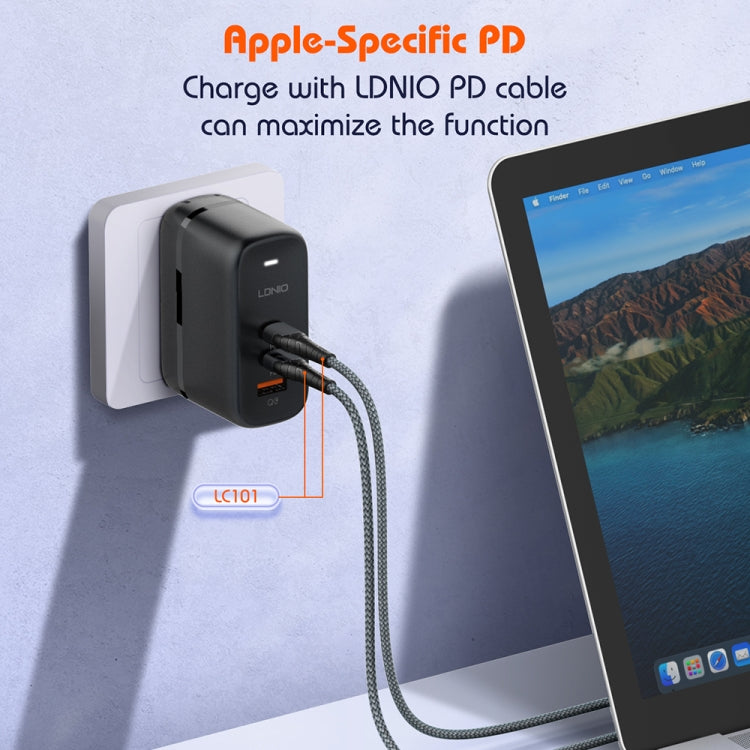 LDNIO Q366 65W USB + Dual Type-C Port Charger with 1m USB-C / Type-C to USB-C / Type-C Data Cable, Plug Type:UK Plug(Black)