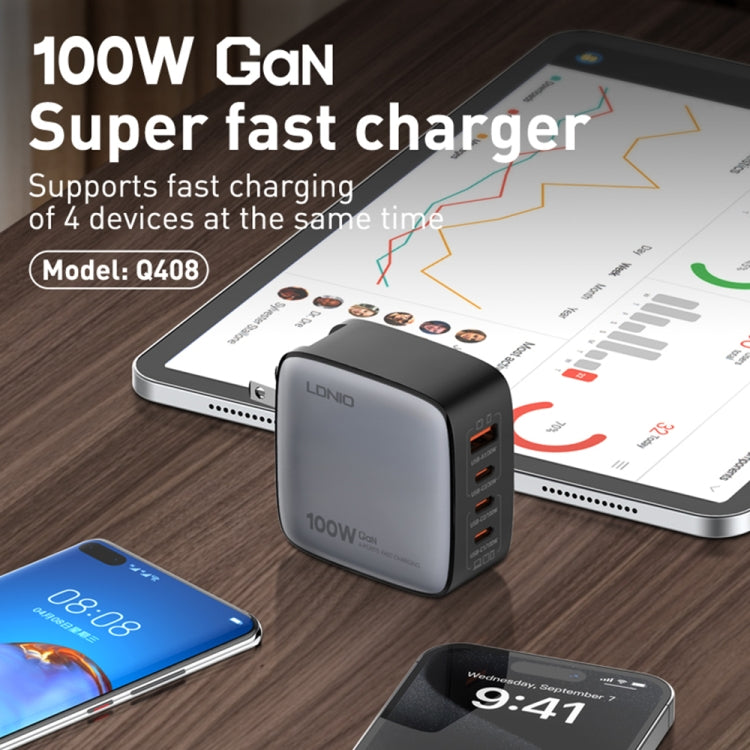 LDNIO Q408 100W GaN USB+3 USB-C / Type-C Interface Charger with 1m 100W USB-C / Type-C to USB-C / Type-C Data Cable, Plug Type:UK Plug(White)