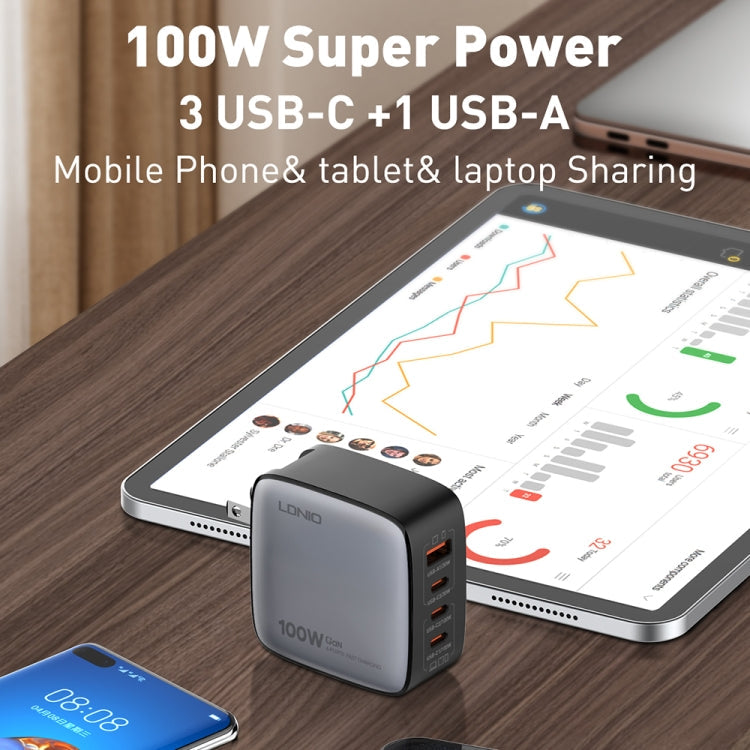 LDNIO Q408 100W GaN USB+3 USB-C / Type-C Interface Charger with 1m 100W USB-C / Type-C to USB-C / Type-C Data Cable, Plug Type:UK Plug(Black)