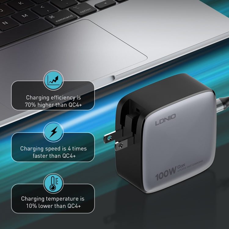 LDNIO Q408 100W GaN USB+3 USB-C / Type-C Interface Charger with 1m 100W USB-C / Type-C to USB-C / Type-C Data Cable, Plug Type:UK Plug(Black)