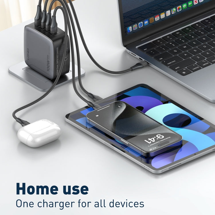 LDNIO Q408 100W GaN USB+3 USB-C / Type-C Interface Charger with 1m 100W USB-C / Type-C to USB-C / Type-C Data Cable, Plug Type:UK Plug(Black)