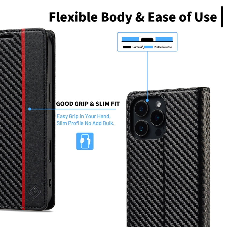 For iPhone 16 Pro Max LC.IMEEKE Carbon Fiber Leather Phone Case(Vertical Black)