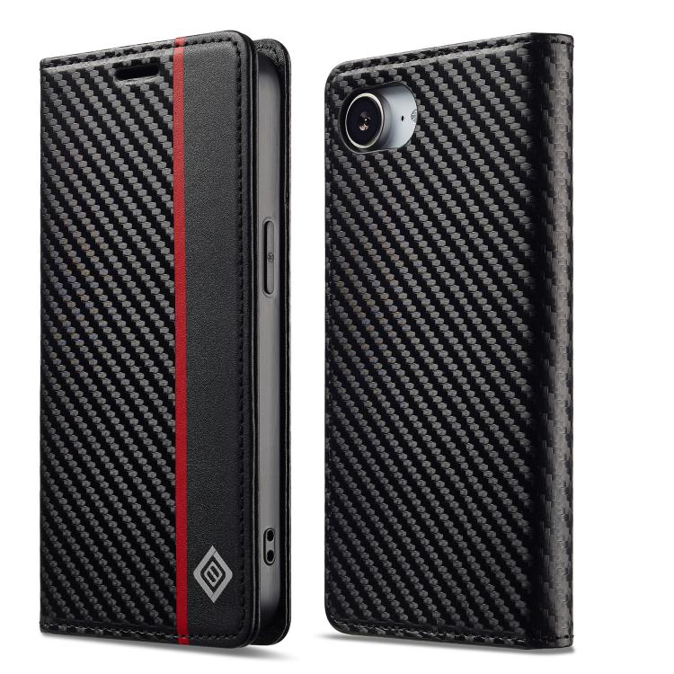 For iPhone 17e / 16e LC.IMEEKE Carbon Fiber Leather Phone Case(Vertical Black)