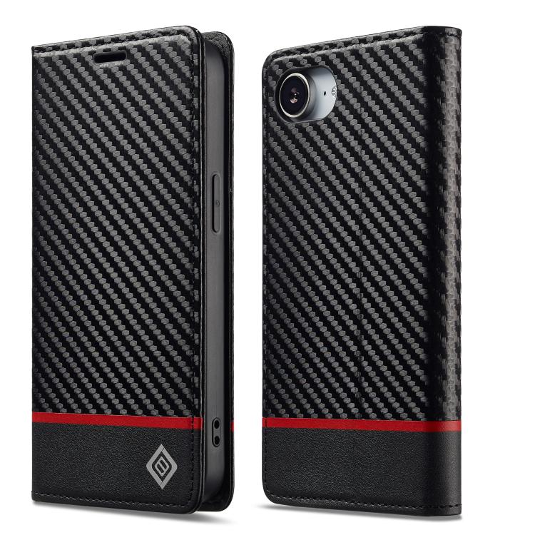 For iPhone 17e / 16e LC.IMEEKE Carbon Fiber Leather Phone Case(Horizontal Black)