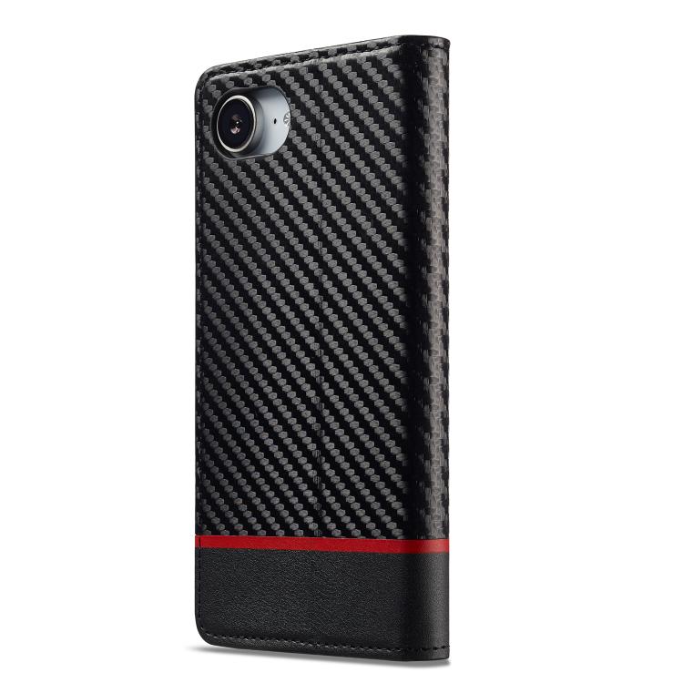 For iPhone 17e / 16e LC.IMEEKE Carbon Fiber Leather Phone Case(Horizontal Black)
