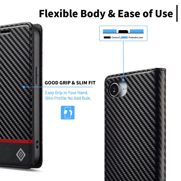 For iPhone 17e / 16e LC.IMEEKE Carbon Fiber Leather Phone Case(Horizontal Black)