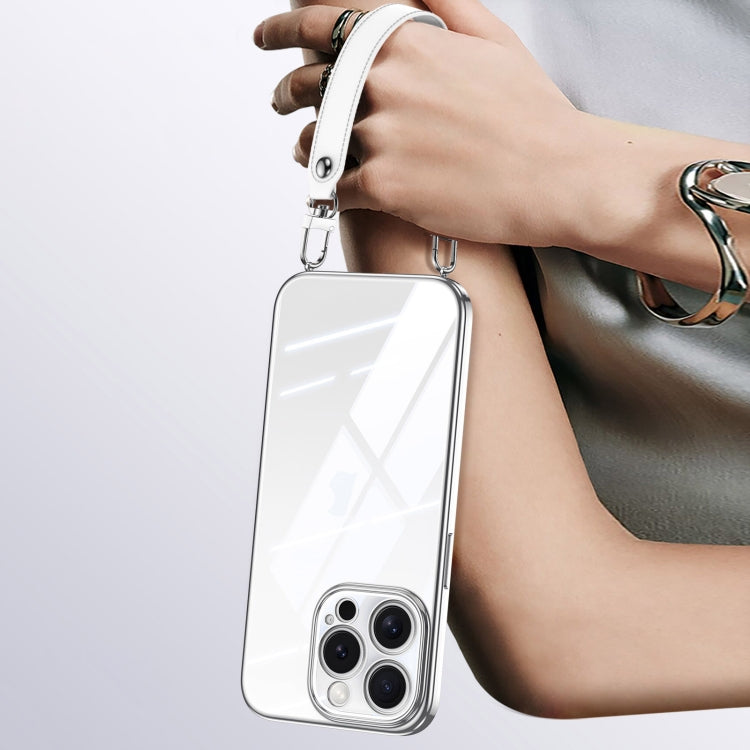 For iPhone 15 Pro Max SULADA  Electroplated Clear TPU Soft Frame Phone Case with Wrist Strap(Silver)