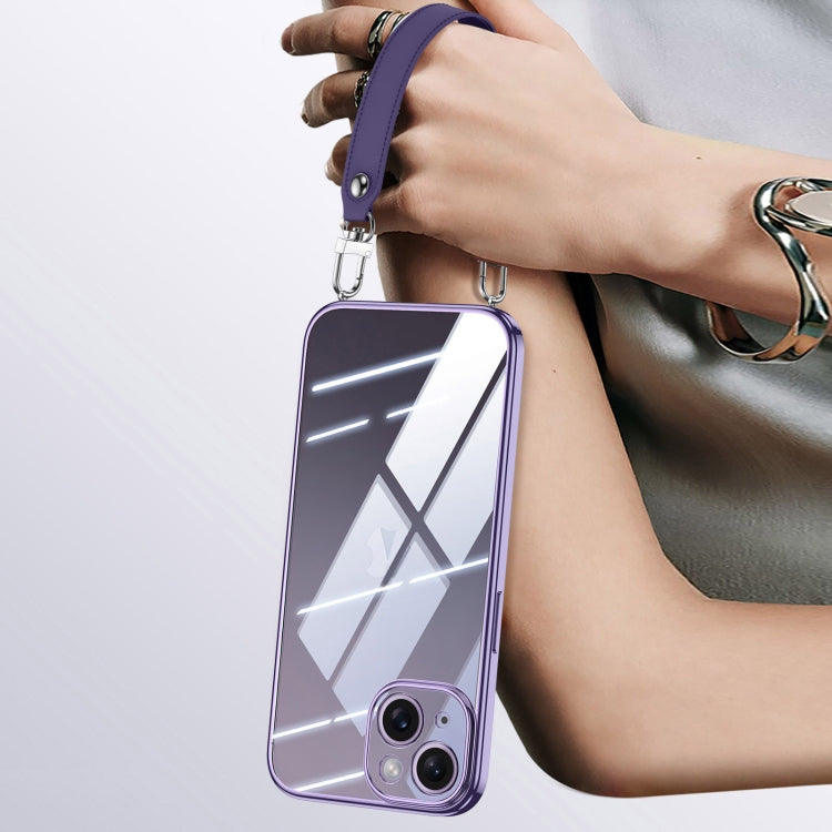 For iPhone 15 SULADA  Electroplated Clear TPU Soft Frame Phone Case with Wrist Strap(Purple)
