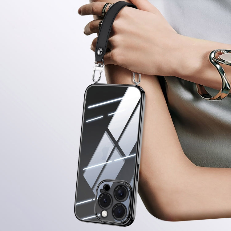 For iPhone 14 Pro Max SULADA  Electroplated Clear TPU Soft Frame Phone Case with Wrist Strap(Black)