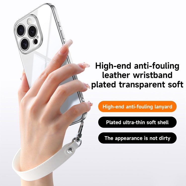 For iPhone 15 Pro Max SULADA  Electroplated Clear TPU Soft Frame Phone Case with Wrist Strap(Purple)
