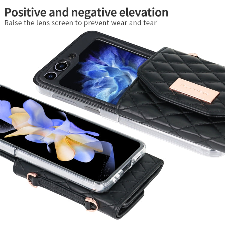 For Samsung Galaxy Z Flip6 / Flip7 FE VIETAO Rhombic Texture Wallet PU Phone Case with Long Lanyard(Black)