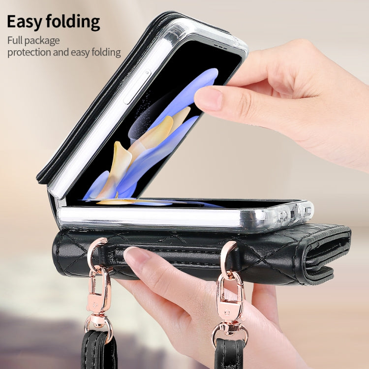 For Samsung Galaxy Z Flip6 / Flip7 FE VIETAO Rhombic Texture Wallet PU Phone Case with Long Lanyard(Black)