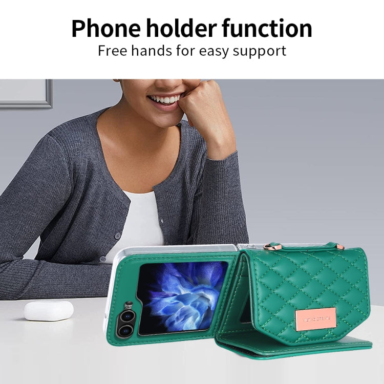 For Samsung Galaxy Z Flip6 / Flip7 FE VIETAO Rhombic Texture Wallet PU Phone Case with Long Lanyard(Green)