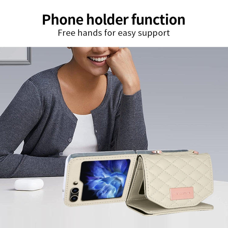 For Samsung Galaxy Z Flip6 / Flip7 FE VIETAO Rhombic Texture Wallet PU Phone Case with Long Lanyard(Beige)